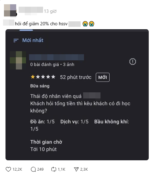 Quán bị đánh giá 1 sao, khách tố nhân viên thái độ lồi lõm khi hỏi mình “có đi học không?”- Ảnh 1.