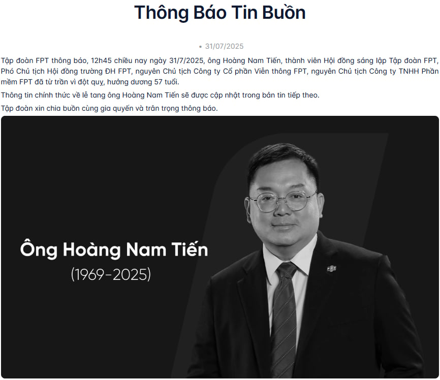 Thông báo chính thức từ tập đoàn FPT về sự ra đi đột ngột của ông Hoàng Nam Tiến- Ảnh 1.