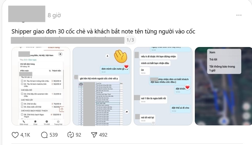 Đặt 30 cốc chè 1 đơn, bắt ghi tên từng người lên cốc: Drama giới shipper khiến dân mạng bật chế độ