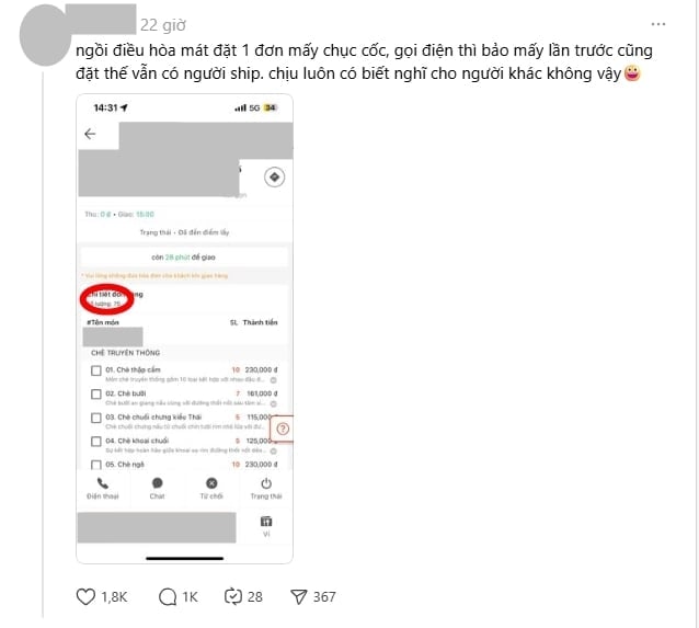 Đặt 30 cốc chè 1 đơn, bắt ghi tên từng người lên cốc: Drama giới shipper khiến dân mạng bật chế độ