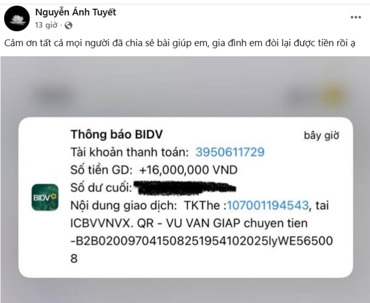 Biên lai tài xế chuyển trả 15 triệu đồng và thêm 1 triệu đồng thắp hương cho ông Tuyên.
