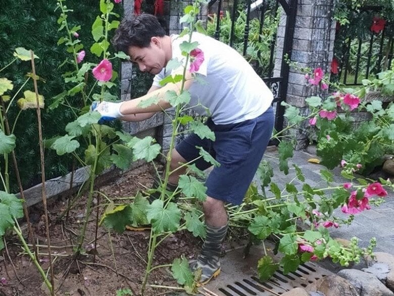 Hình ảnh Nam Tào giản dị chăm sóc khu vườn trong biệt phủ.