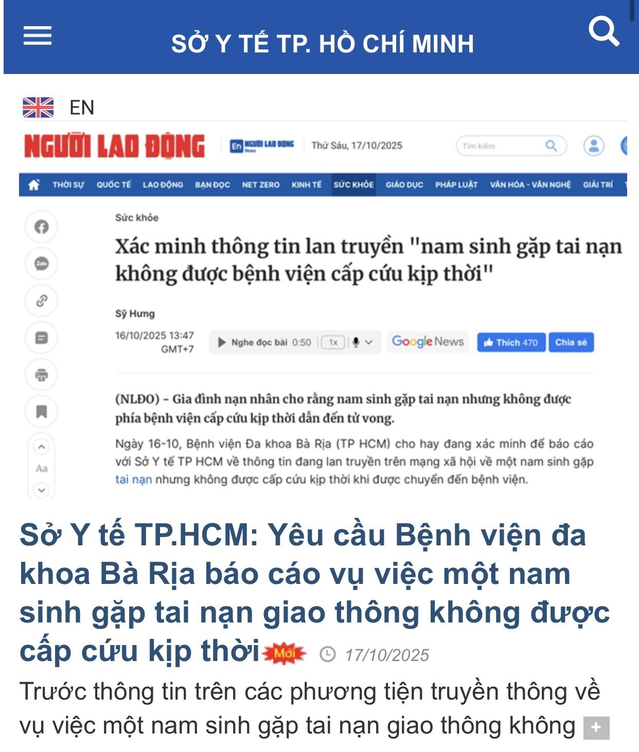 Sở Y tế vào cuộc vụ nam sinh bị tai nạn không được bệnh viện cấp cứu - Ảnh 1.