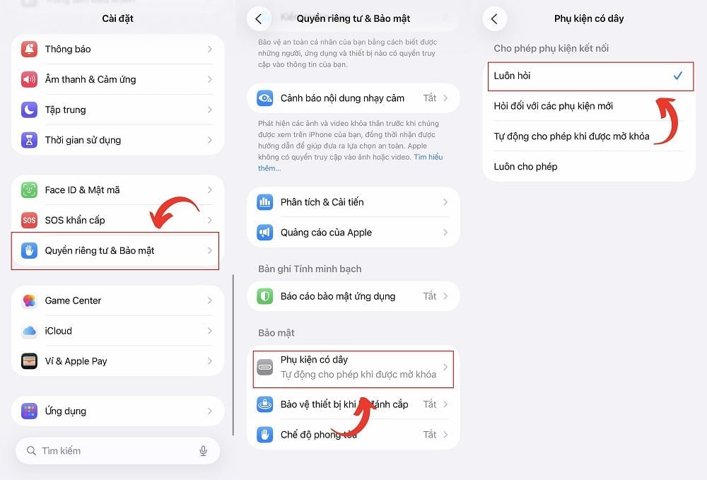 Hai tùy chọn này giúp iPhone luôn yêu cầu xác nhận khi kết nối, đặc biệt hữu ích khi sạc ở nơi công cộng.