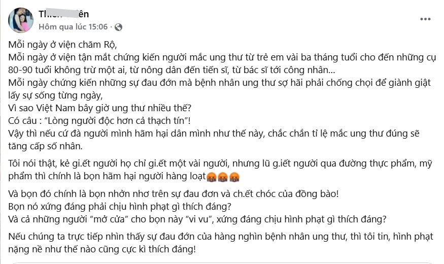 Chia sẻ của một người phụ nữ về vấn đề thực phẩm bẩn, kém chất lượng. Ảnh chụp Facebook